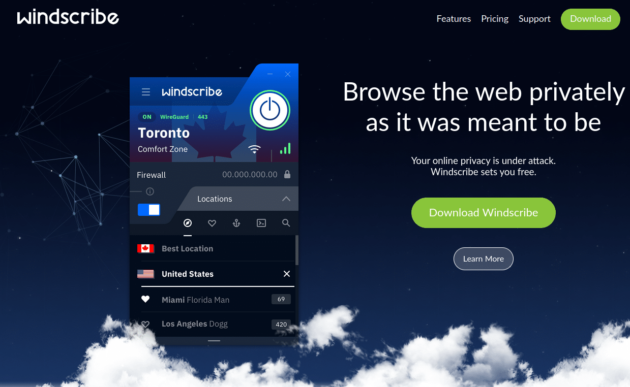 windscribe vpn main page