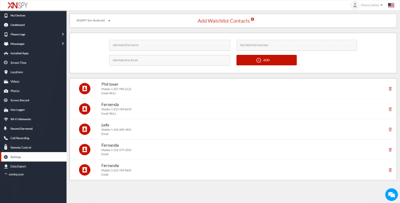 xnspy contacts dashboard